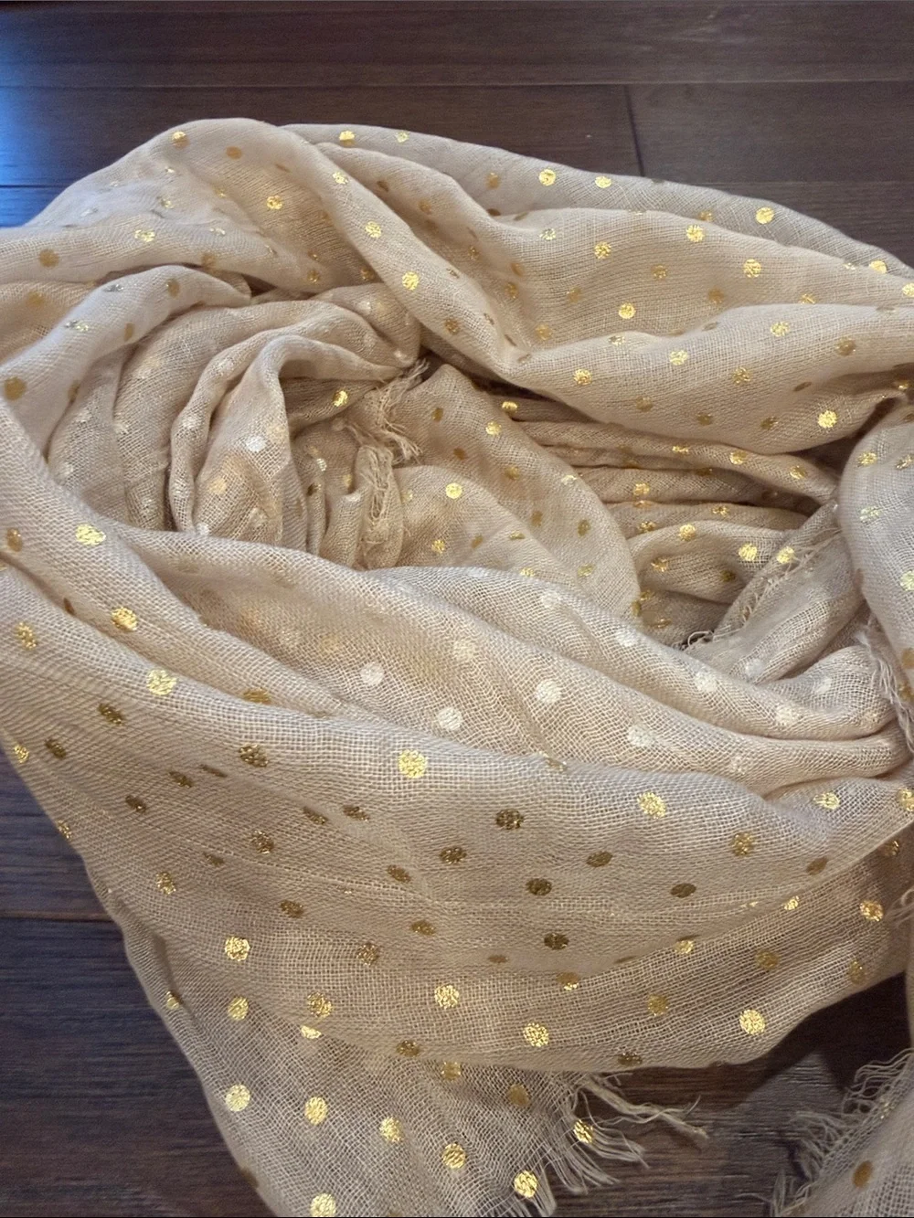 Tan Scarf with Gold Polka Dots